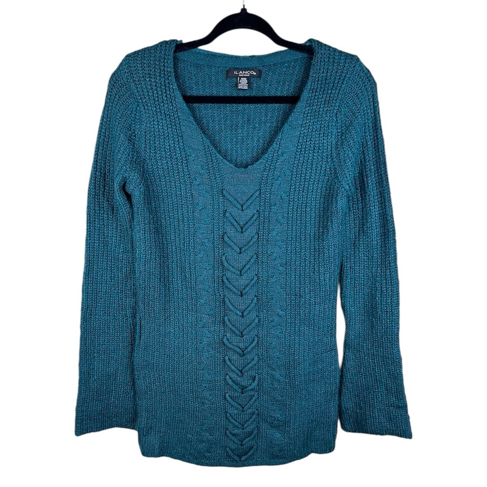 Ilanco Teal V-Neck Cable Knit Sweater, Medium